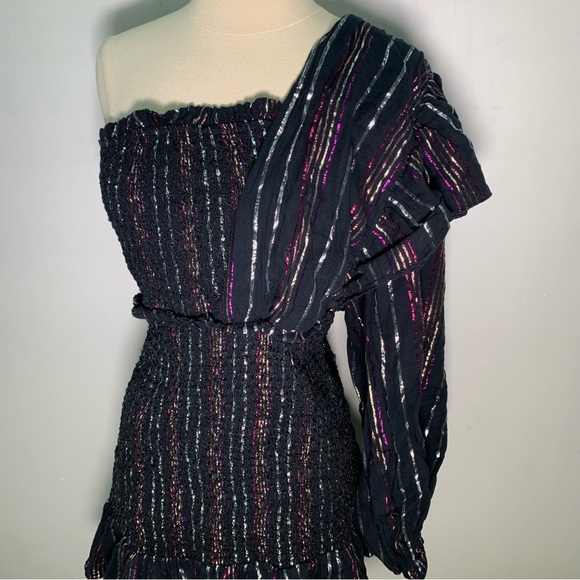Farm Rio Lurex Stripes Mini Dress size L metallic thread festive - Picture 16 of 16